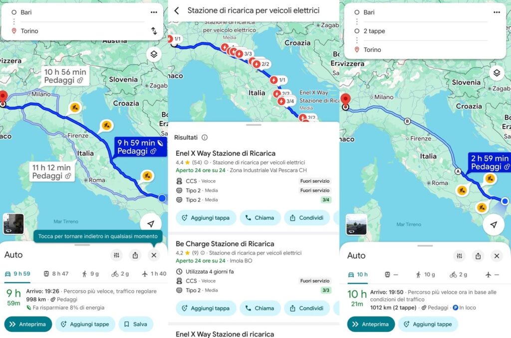 Da nord a sud in auto elettrica Google Maps
